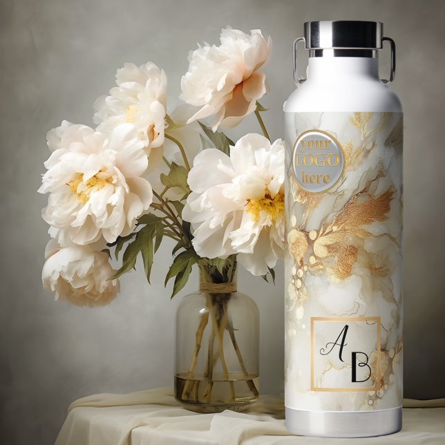 Bouteille D'eau Boho Chic Abstrait or Aquarelle marbre (Elegant abstract watercolor marble art in gold, light grey and off white with logo and monograms)