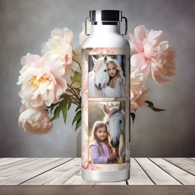 Bouteille D'eau Boho Chic Floral Photo (Mom or grandma water bottle featuring your photos on an elegant flower design in lovely pink)