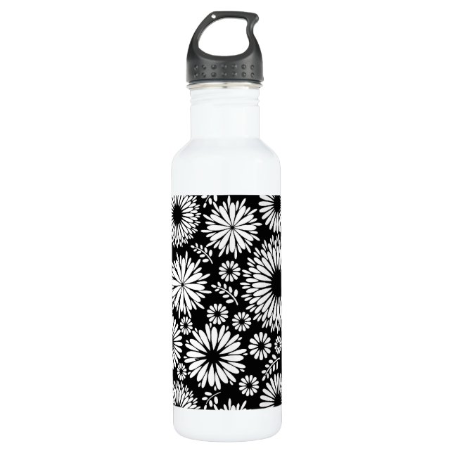 Bouteille D'eau Boho fleurs Motif floral vectoriel noir et blanc (Devant)