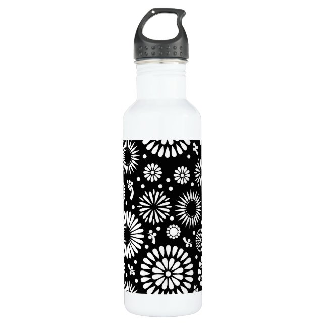 Bouteille D'eau Boho fleurs Motif floral vectoriel noir et blanc (Devant)
