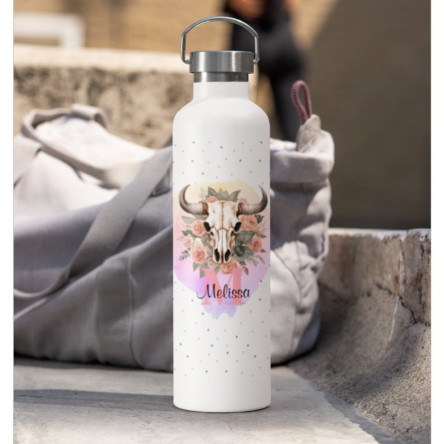 Bouteille D'eau Boho Floral Bull Cow Skull Monogramme Joli Western (Boho Floral Bull Cow Skull Western Water Bottle)