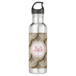 Bouteille D'eau Boho personnalisé rose et blanc monogramme