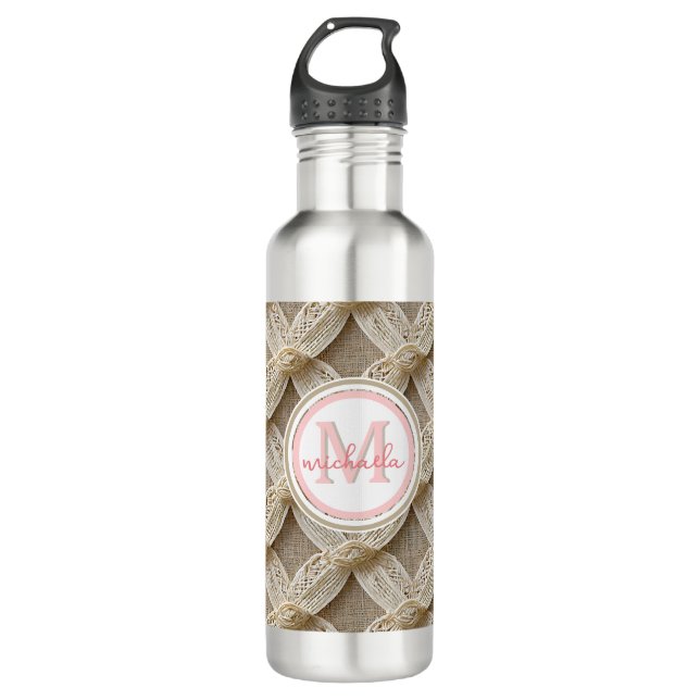 Bouteille D'eau Boho personnalisé rose et blanc monogramme (Devant)