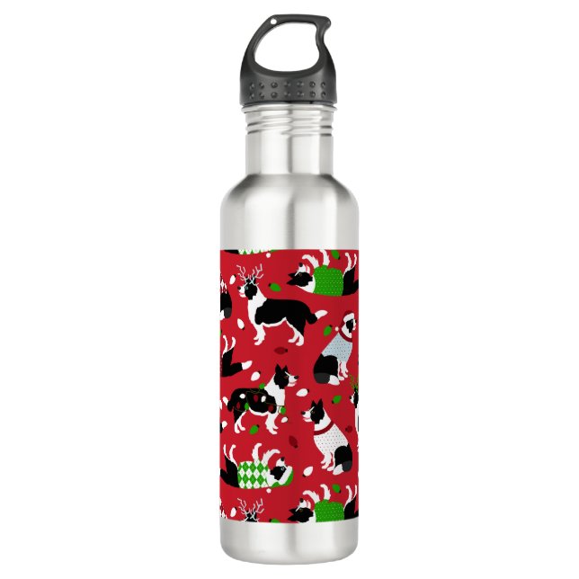 Bouteille D'eau Bordure de Noël Collie (Devant)