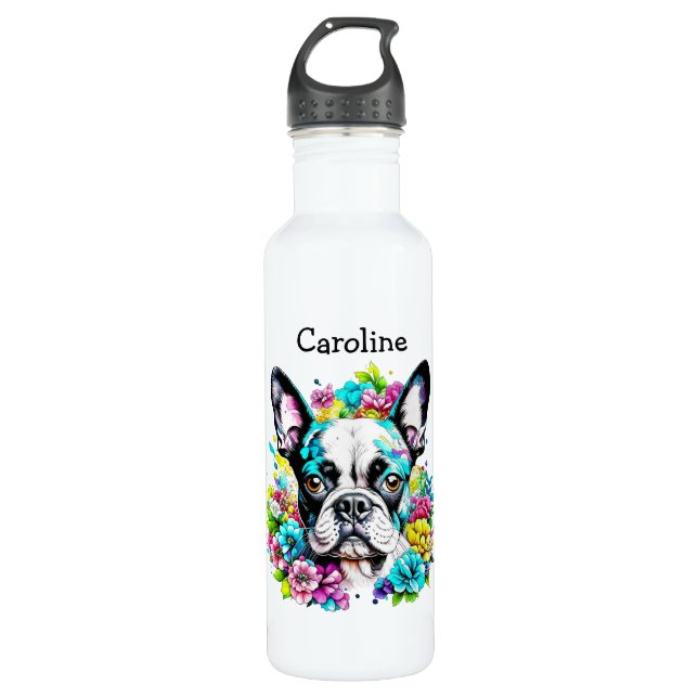 Bouteille D'eau Boston Terrier entouré de fleurs Personnalisé (Devant)