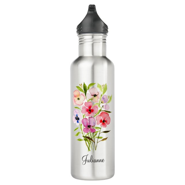 Bouteille D'eau Bouquet de Fleur sauvage d'aquarelle avec nom (Droite)