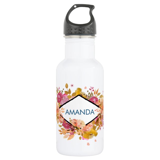 Bouteille D'eau Bouquet floral orange et rose avec cadre diamant (Devant)