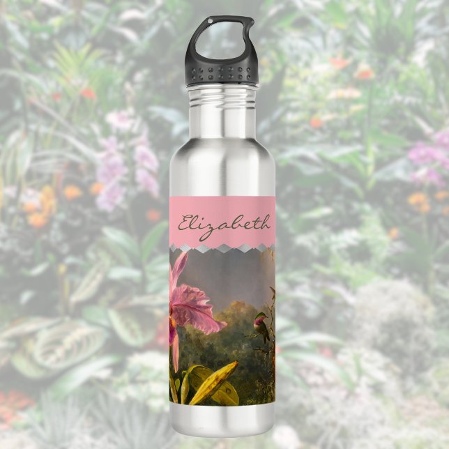 Bouteille D'eau Brazilian Cattelya Orchid Hummingbird Monogrammed (Créateur téléchargé)