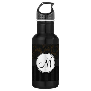 Bouteille D'eau Bronze sur fraises florales noires, rayures et mon