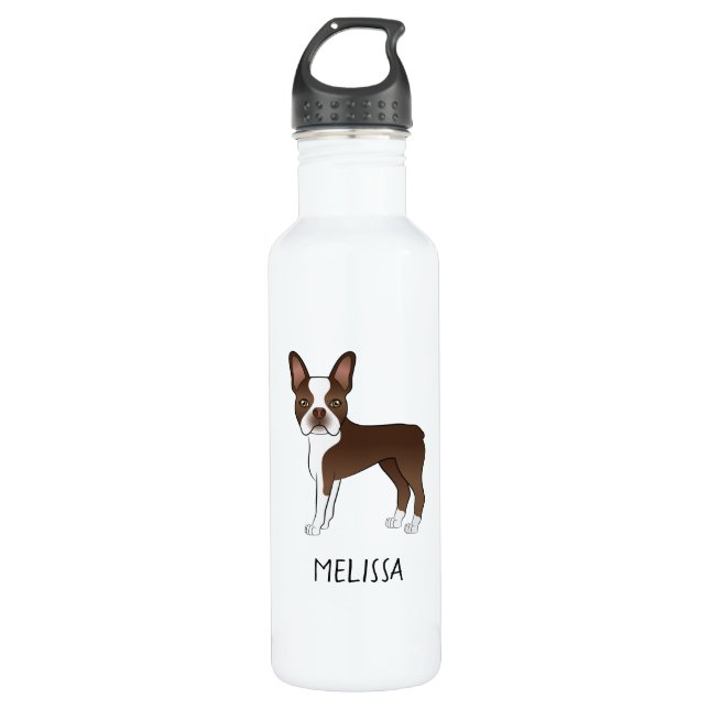 Bouteille D'eau Brown Boston Terrier Cartoon Chien et Nom personna (Devant)