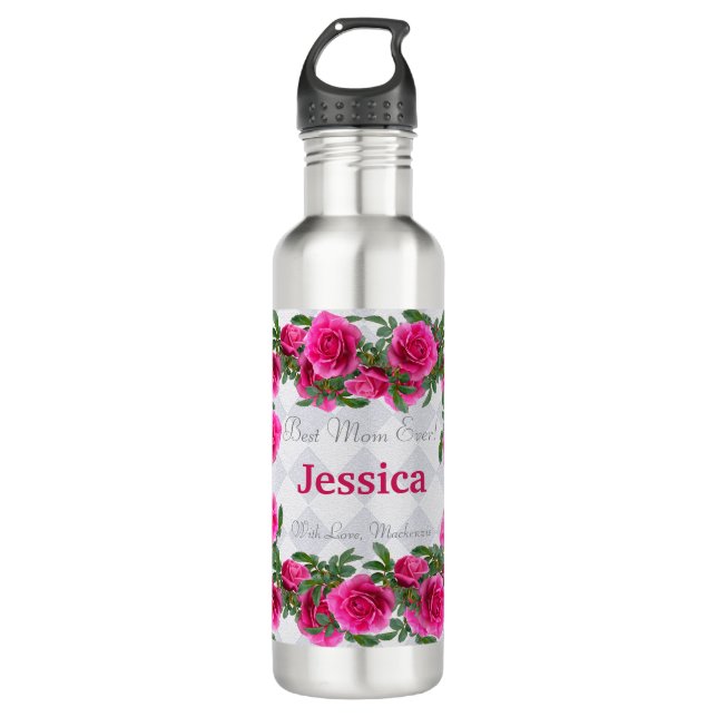 Bouteille D'eau Cadeau personnalisé Fête des Mères Fleurs roses pe (Devant)