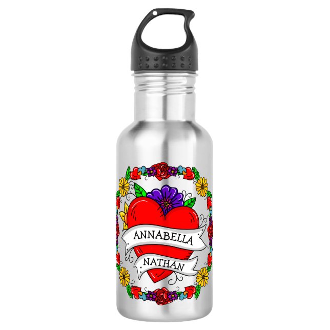 Bouteille D'eau Cadeau romantique à deux | Art du style tatouage (Devant)