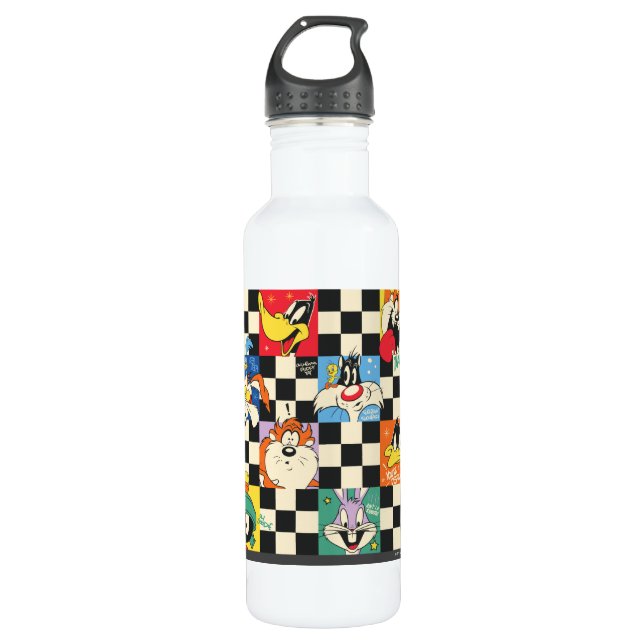 Bouteille D'eau Caractères LOONEY TUNES™ sur Checker noir et blanc (Devant)
