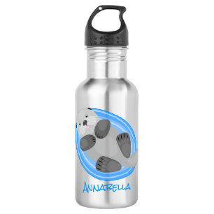 Bouteille D'eau Caricature bleu loutre de mer joyeux