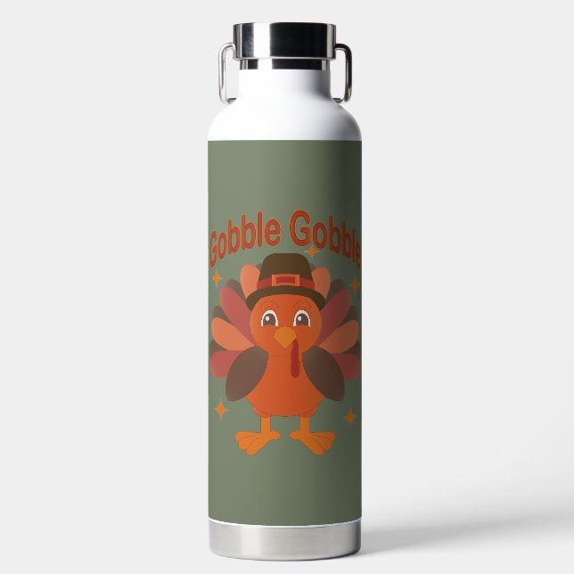 Bouteille D'eau Caricature de Turquie Thanksgiving - "Gobble Gobbl (Avant)