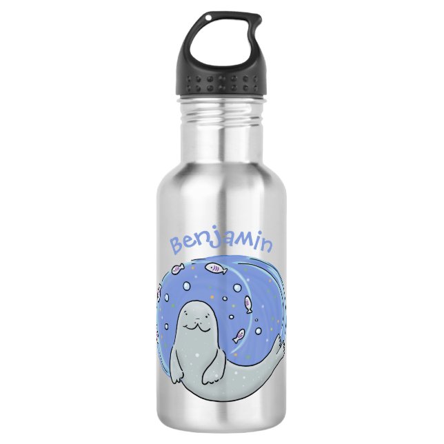 Bouteille D'eau Caricature joyeux de phoque et de poisson bleu (Devant)