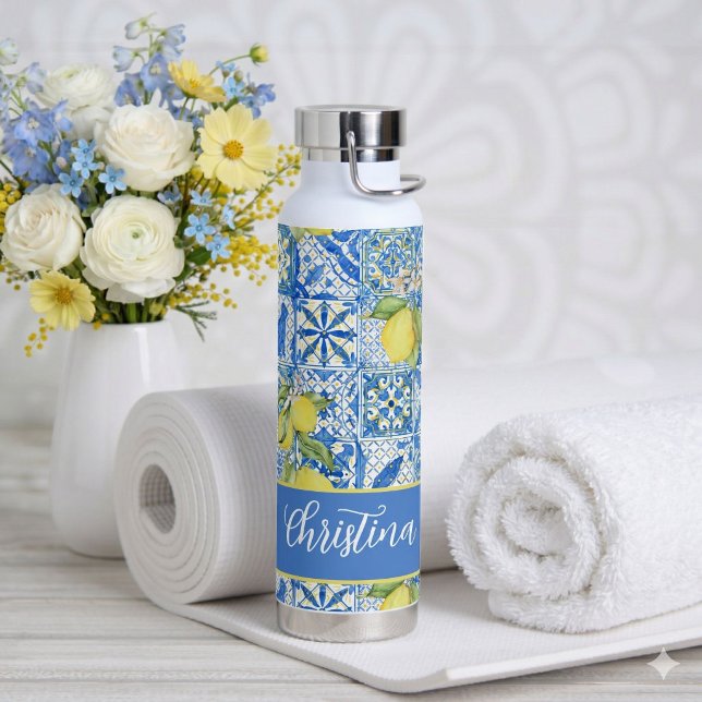 Bouteille D'eau Carreau bleu français country motif citron Provenç (Créateur téléchargé)
