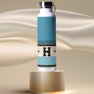 Bouteille D'eau Carrelage Bistro vintage Dusty Bleu et Monogramme 