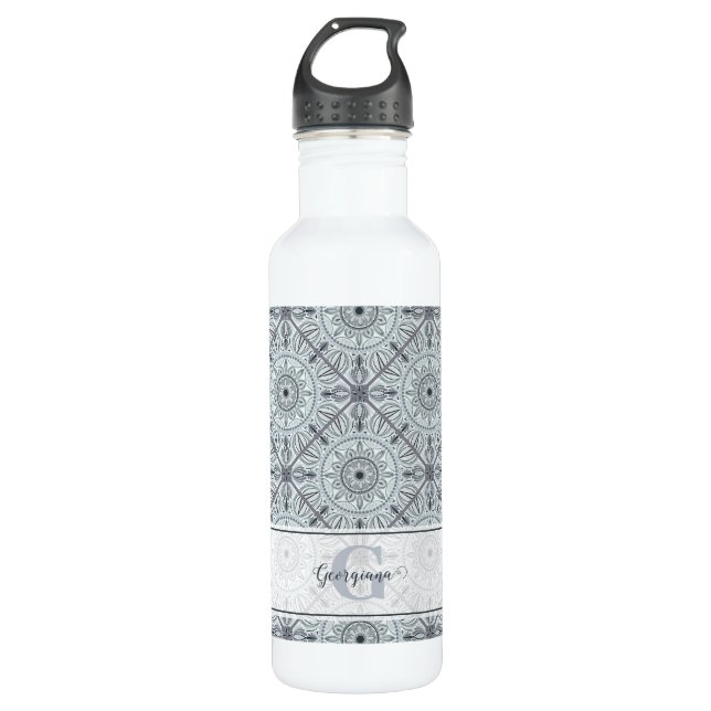 Bouteille D'eau Carrelage personnalisé Harmonie florale Gris Manda (Devant)