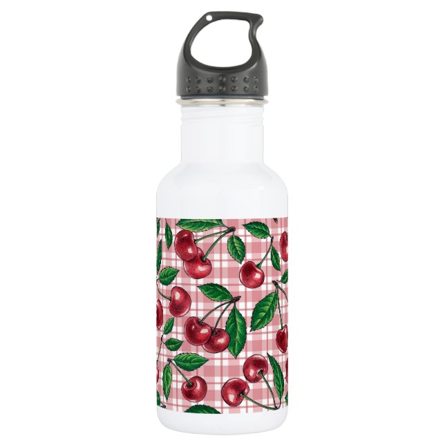 Bouteille D'eau Cerises rouges sur en vichy rose (Devant)