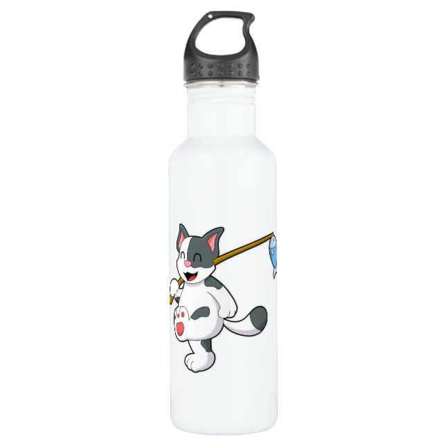 Bouteille D'eau Chat à la pêche avec bâton de pêche (Devant)