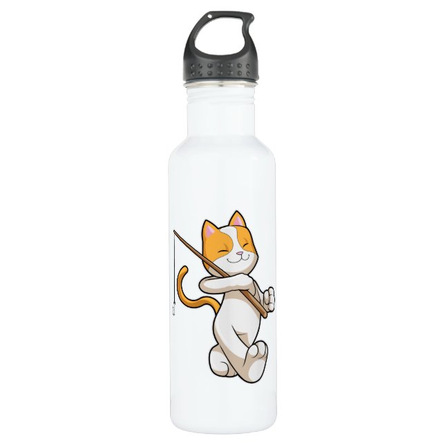 Bouteille D'eau Chat à la pêche avec bâton de pêche (Devant)
