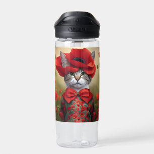 Bouteille D'eau Chat avec une robe faite de coquelicots