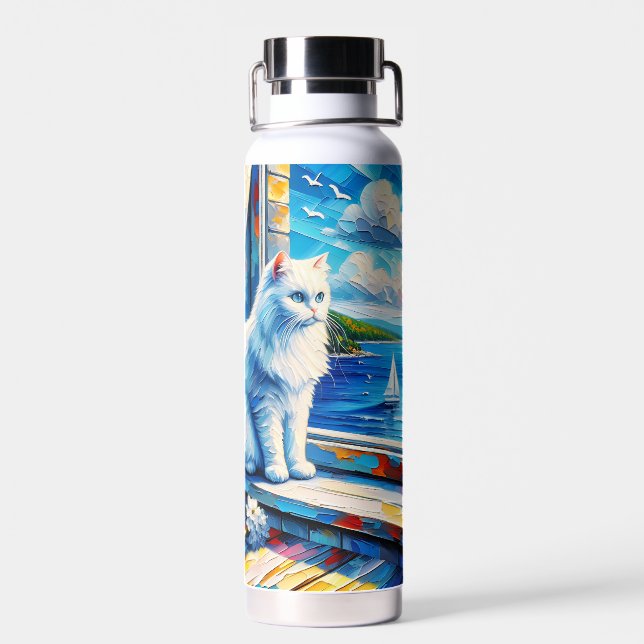 Bouteille D'eau Chat blanc dans le rebord de fenêtre Vue sur l'océ (Arrière)