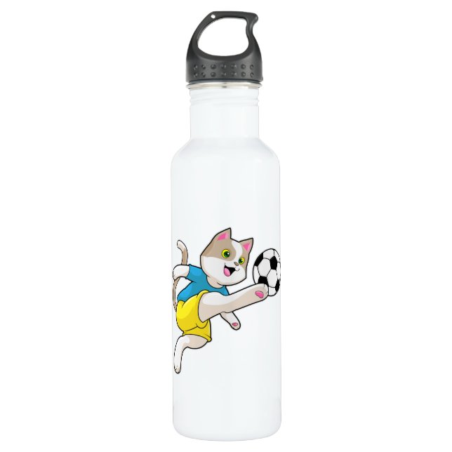 Bouteille D'eau Chat comme joueur de football avec balle de footba (Devant)
