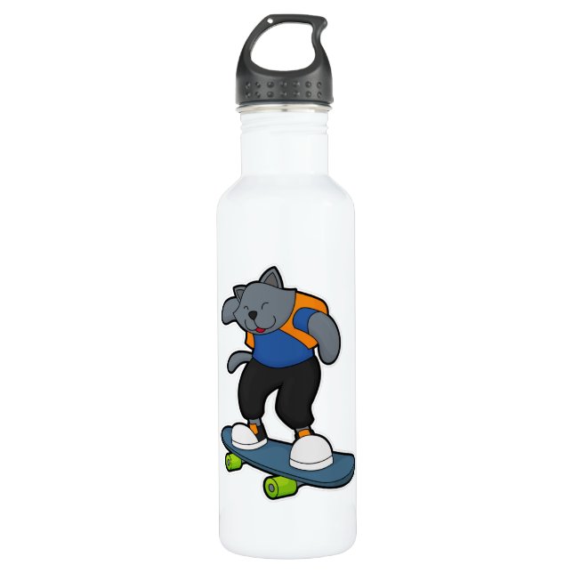 Bouteille D'eau Chat en Skateboard avec Skateboard (Devant)