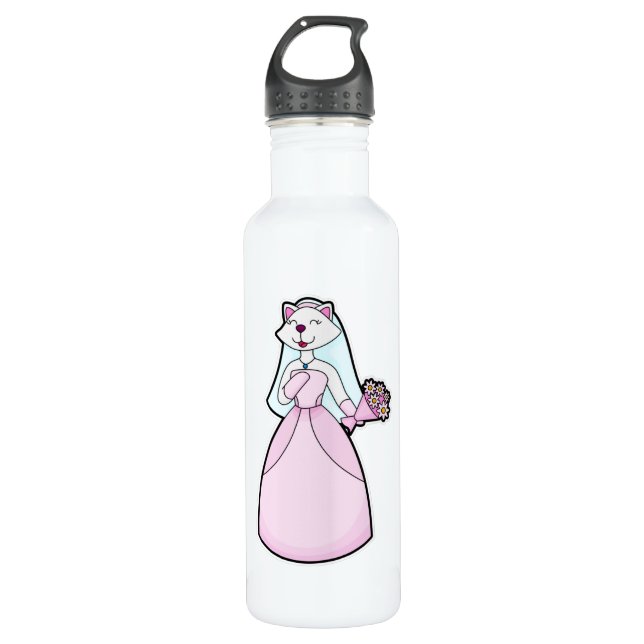 Bouteille D'eau Chat en tant que mariée avec bouquet de fleurs (Devant)