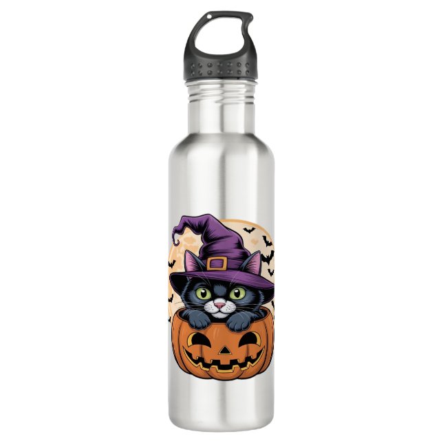 Bouteille D'eau Chat Halloween Citrouille Chat noir T-shirt surdim (Devant)