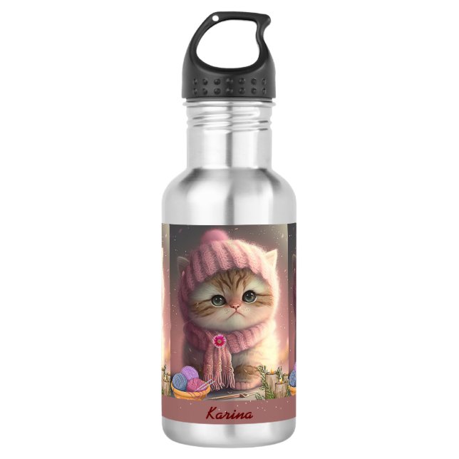 Bouteille D'eau Chat mignon en Casquette de Knit rose Nom personna (Devant)