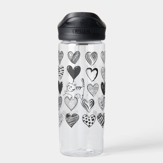 Bouteille D'eau Chat noir et blanc et Motif de coeur (Arrière)