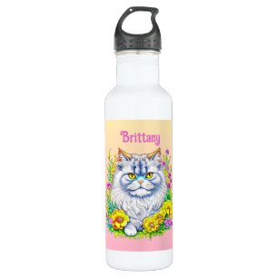 Bouteille D'eau Chat perse blanc en fleurs Personnalisé