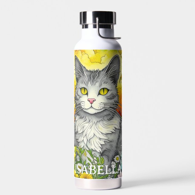 Bouteille D'eau Chat Whimsical Personnalisé et Fleurs (Gauche)