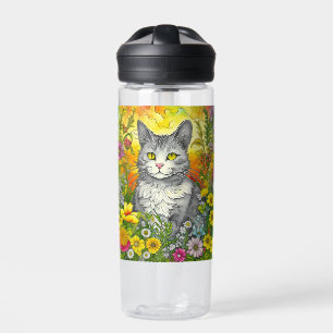 Bouteille D'eau Chat Whimsical Personnalisé et Fleurs