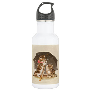 Bouteille D'eau Chatons vintage sous un parapluie art de chat anti