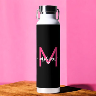 Bouteille D'eau Chaud rose noir moderne Script Girl Monogramme Nom
