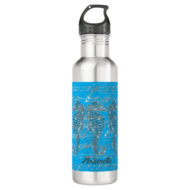 Bouteille D'eau Cheval de mer Glam Blue et Silver Parties scintill (Devant)