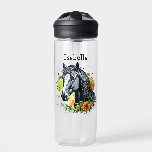 Bouteille D'eau Cheval noir entouré de fleurs Personnalisé (Extérieur)