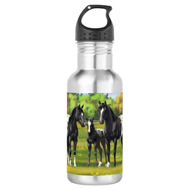 Bouteille D'eau Chevaux Appaloosa Noir Dans Les Pâturages D'Été (Devant)