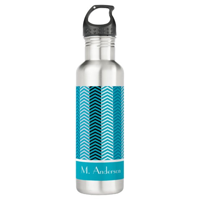 Bouteille D'eau Chevron Turquoise Moderne Grilles Avec Nom (Devant)