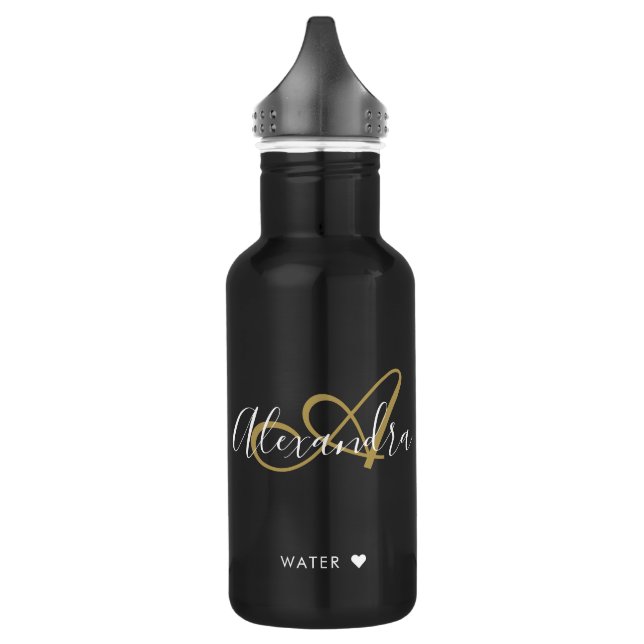 Bouteille D'eau Chic Black Gold Elegant Monogramme Nom du script S (Gauche)