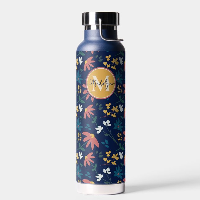 Bouteille D'eau Chic Marine Jaune Monogramme Motif Floral Personna (Gauche)