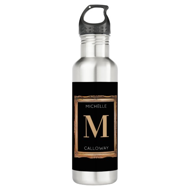 Bouteille D'eau Chic Monogramme noir et or (Devant)
