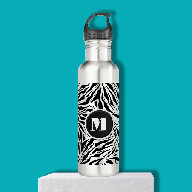 Bouteille D'eau Chic Zebra Imprimer Monogramme (Chic zebra print monogram on a stainless steel water bottle)