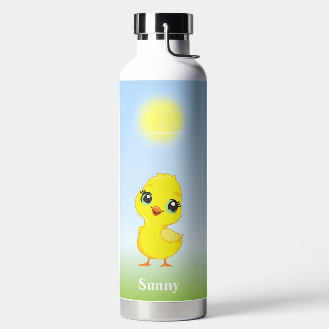 Bouteille D'eau Chick jaune mignon et fleurs sur bleu clair (Droite)