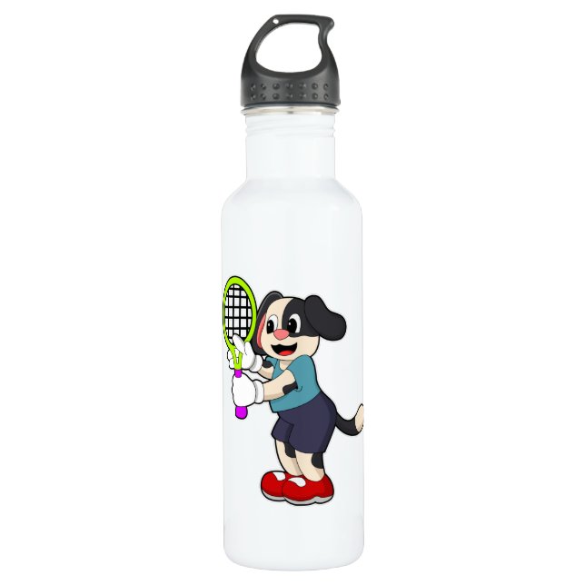 Bouteille D'eau Chien au tennis avec raquette de tennis (Devant)