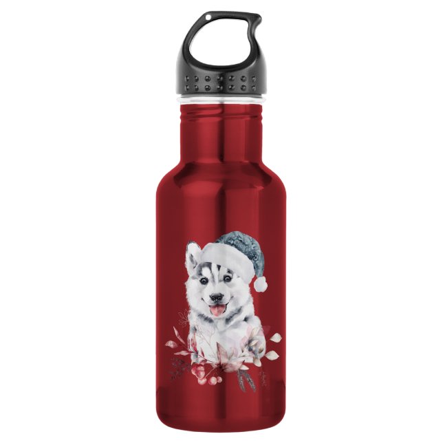 Bouteille D'eau Chien de Noël Husky dans un chapeau de Père Noël (Devant)